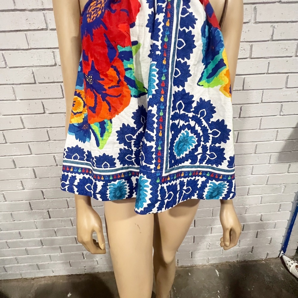 Farm Rio Tapestry Blue Red Mixed Floral Tile Print Halter Top Open Back | M - Picture 7 of 11